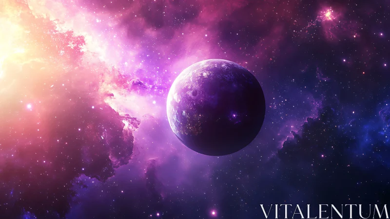Luminous purple planet drifts through radiant cosmic nebula