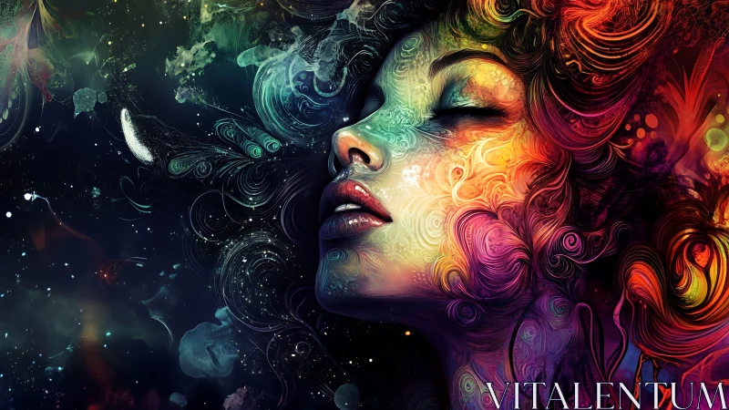 Color saturated female portrait in swirling cosmic shapes.