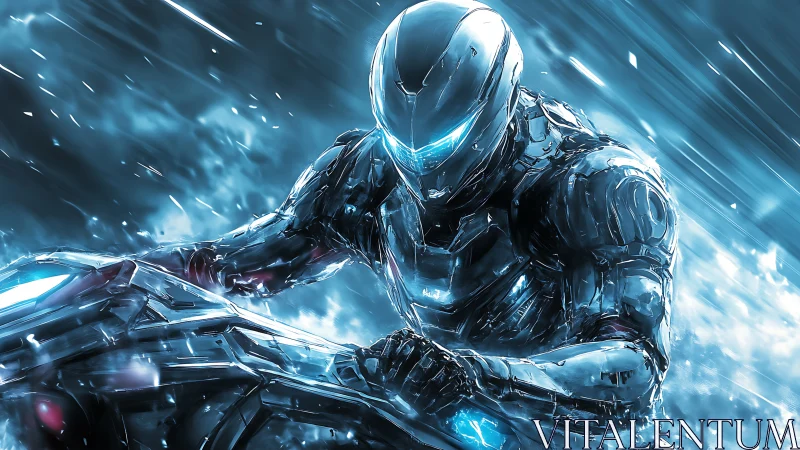 Cybernetic rider slicing through neon storm at velocity.