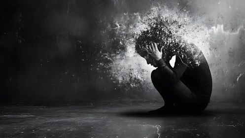 Silhouetted crouched figure dissolving into abstract debris.