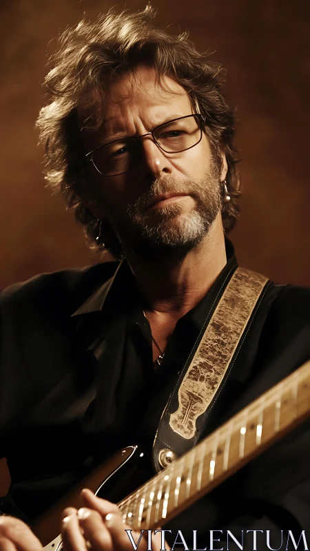 Photorealistic guitarist portrait with warm studio light.