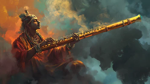 Mystic musician cradles golden flute amid swirling clouds.