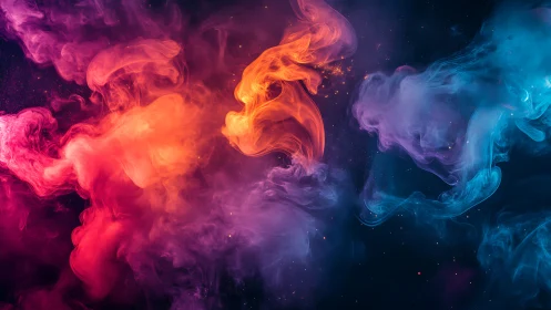 Vibrant red and blue smoke clouds on deep dark background.