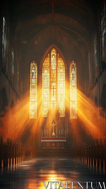 Sunlit cathedral nave drenched in molten stained-glass gold.