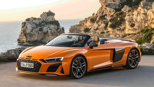 Orange Audi R8 Spyder parked beside rocky coastal cliffs.