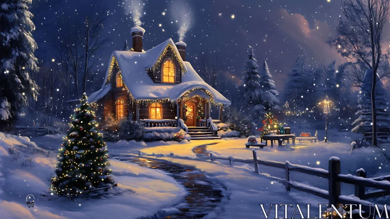 Snow-covered cabin glows warmly under festive winter night sky