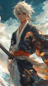 White haired swordsman in ornate kimono under sky.