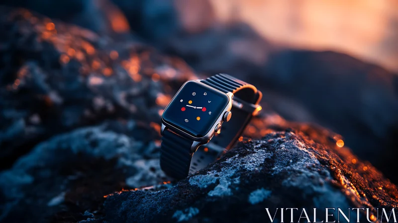 Smartwatch with black band resting on rugged sunlit rocks.