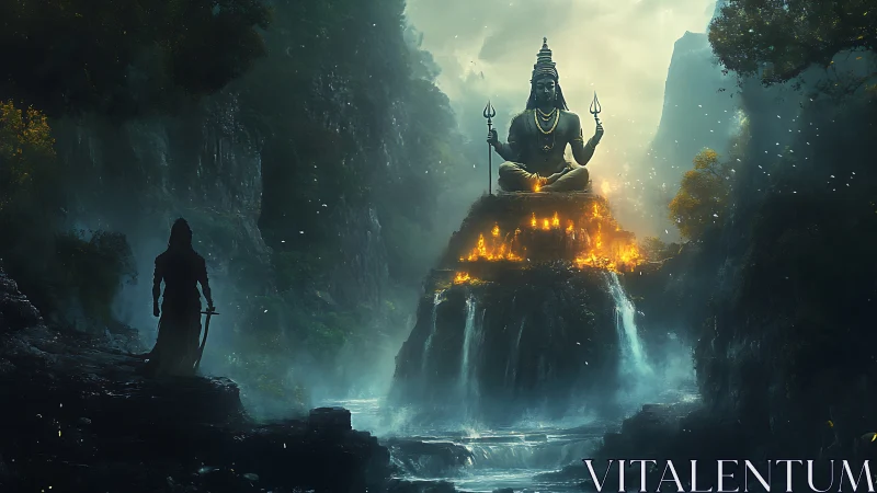 Mystic mountain temple glows beneath a towering deity statue