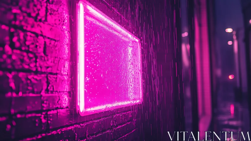 Neon rectangle glowing in rainy magenta alleyway nightscape.