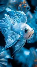 Photorealistic blue betta portrait with luminous fin detailing.