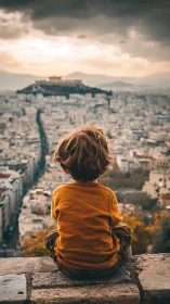 Small dreamer gazes over ancient city crowned by Acropolis.