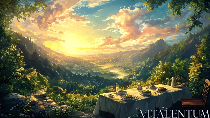 Sunlit valley banquet awaits beneath a glowing evening sky