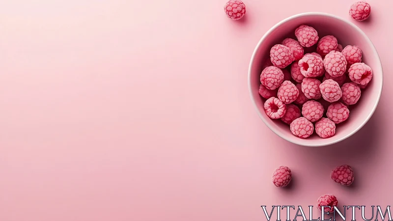 Frosted raspberries in white bowl on pastel pink background.