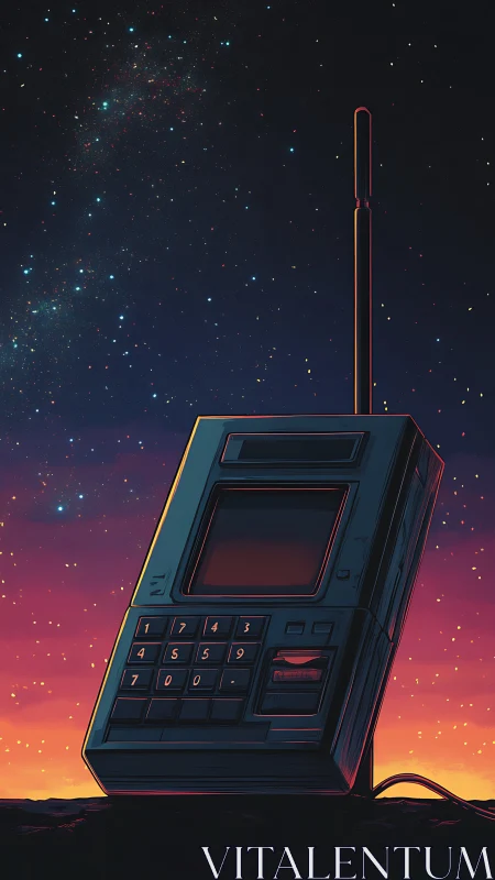 Retro portable terminal against vivid sunset night sky.