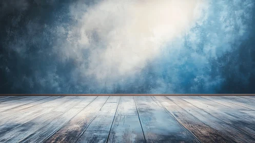 Calm blue studio corner where wooden floors meet light.