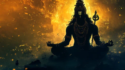 Meditating deity silhouette within blazing golden aura