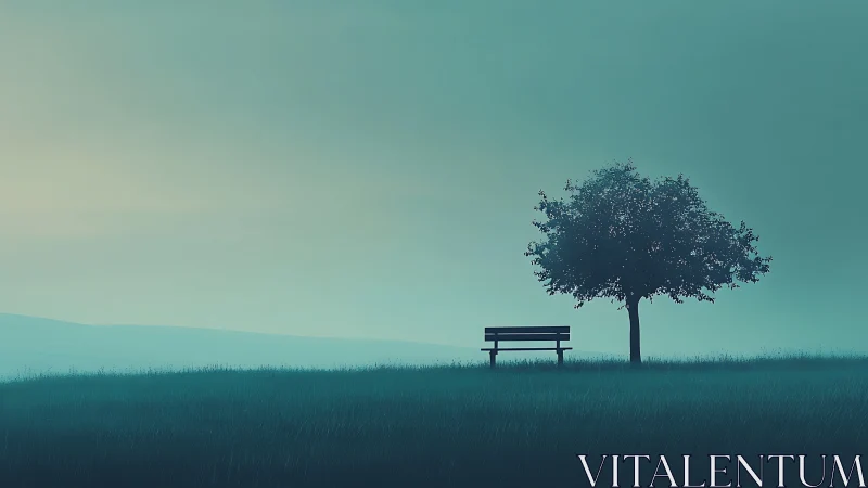Isolated park bench and single tree under cyan atmospheric haze