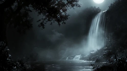 Moonlit waterfall hums softly through silver-dusted forest