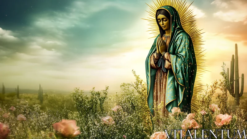 Serene robed figure glows over desert flowers at sunrise