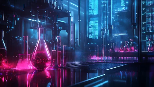 Neon cyberpunk laboratory with glowing pink chemical vials.