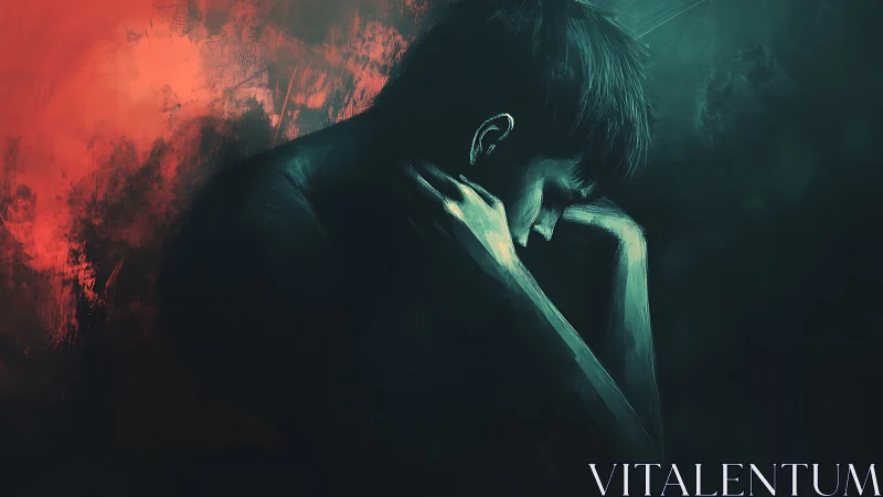 Low-key digital portrait of pensive figure in teal and red light