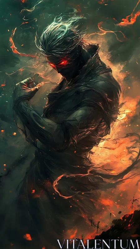 Infernal cyber warrior with ember trails and glowing eyes