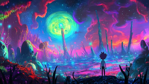 Neon alien vista with lone observer under swirling portal.