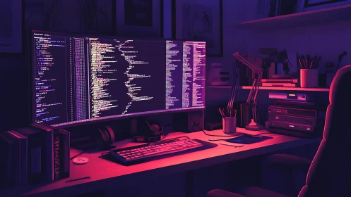 Ultrawide monitor workstation displaying dense code editor view.