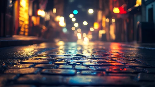 Glowing wet cobblestone street shimmers under dreamy city lights