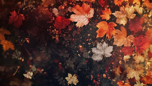 Autumn maple leaves drift in a warm, moody forest glow