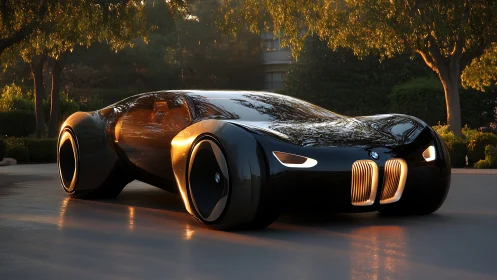 Futuristic black BMW concept car under golden hour light.