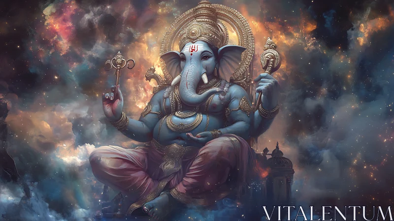 Cosmic Ganesha deity floats amid radiant nebula clouds.