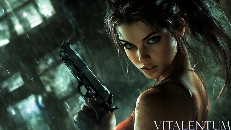 Rain-soaked tactical heroine with pistol in cinematic close-up