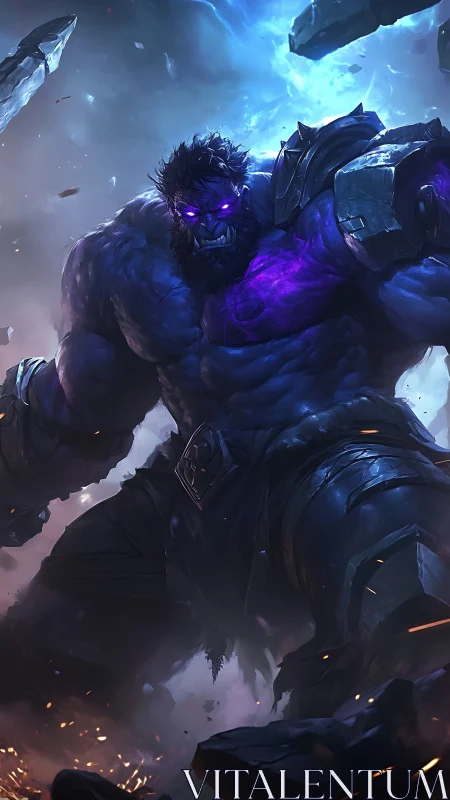 Massive purple energy warrior in shattered rocky arena