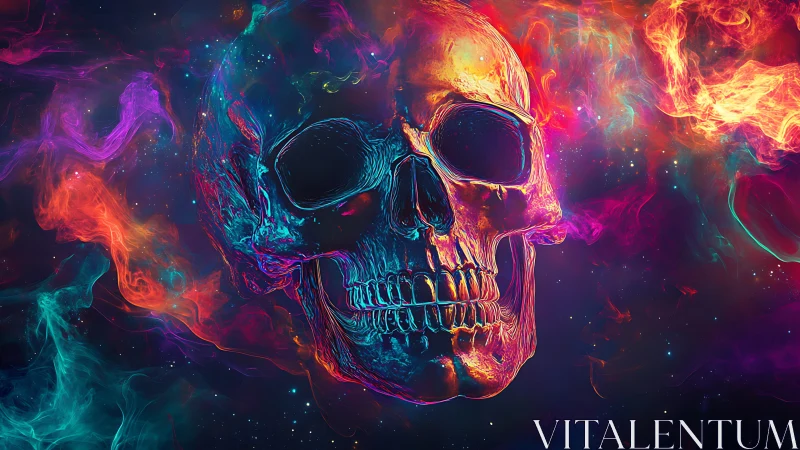 Vivid cosmic skull glows brightly in swirling neon nebula