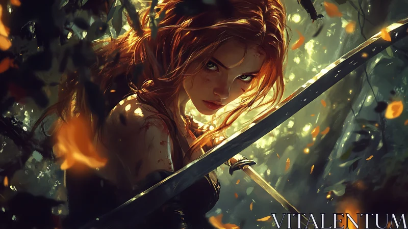 Battle-ready red-haired swordswoman framed by dynamic forest lighting