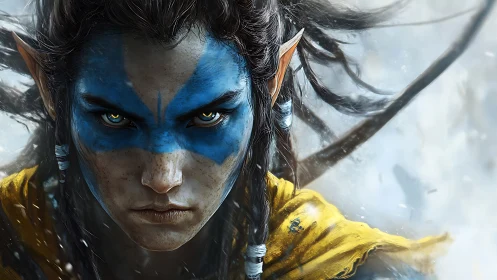 Fierce elf warrior meets the storm with steady golden eyes.