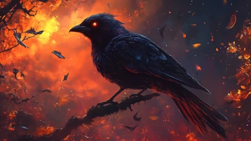Black crow with glowing eyes perched against fiery sky