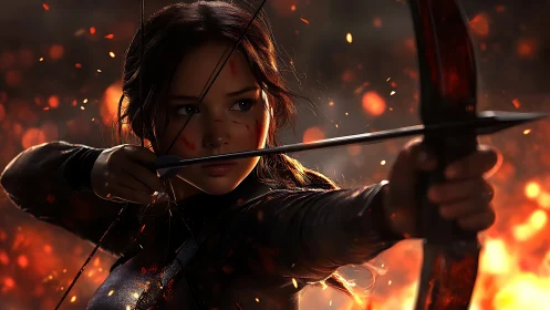 Fiery archer poised in mid-draw amid glowing embers.