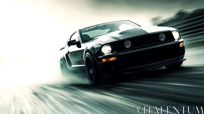 High-speed muscle car drifts through wet track with radial motion blur
