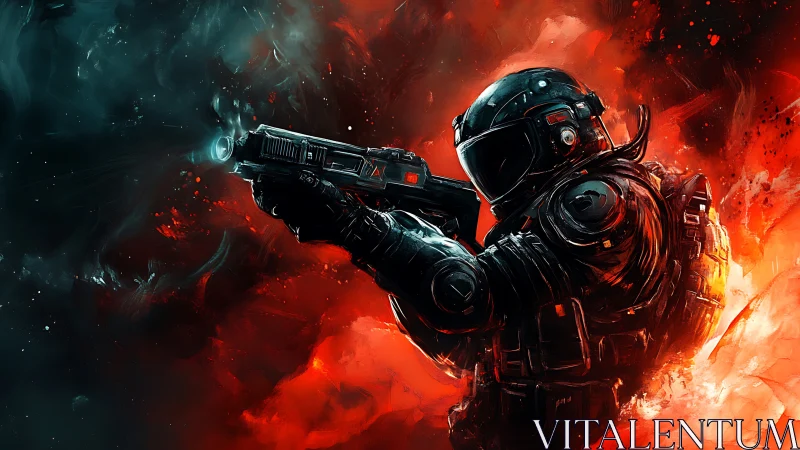 Star-soaked soldier carves neon fire through cosmic smoke