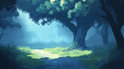 Luminous Forest Clearing with Ancient Trees and Water Reflection.