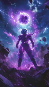 Storm-charged warrior stands beneath a crackling purple sphere