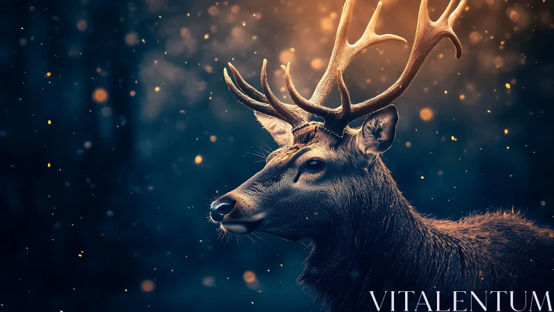 Stag stands in side profile under warm backlit particles