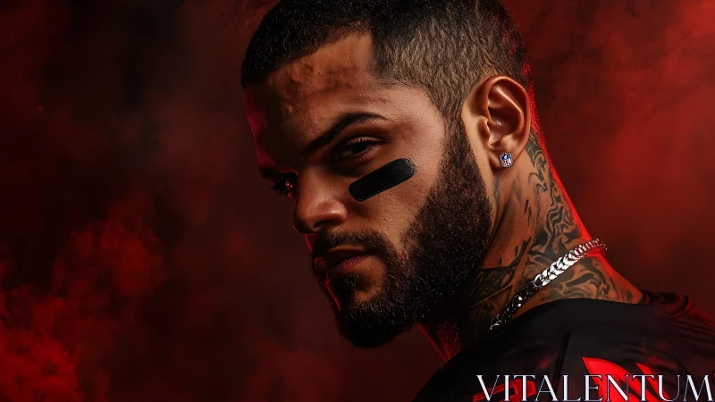 Intense athlete portrait in red smoke with dramatic lighting.