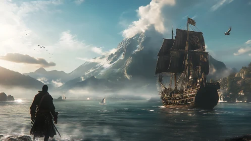 Lone corsair surveys misty bay beside black sailed galleon