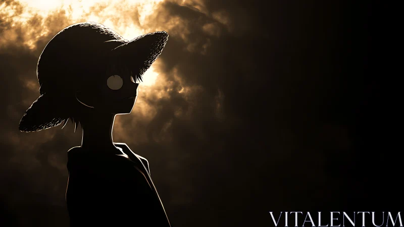 Silhouetted straw hat figure stands before bright backlit clouds