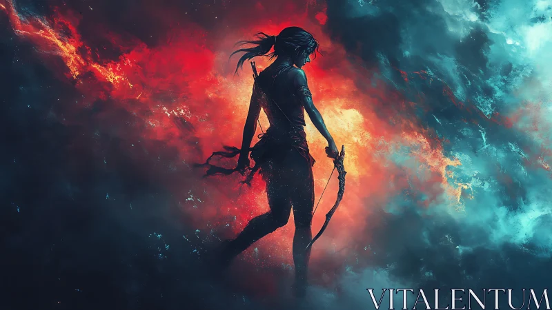 Warrior archer strides through fiery and icy storm clouds.