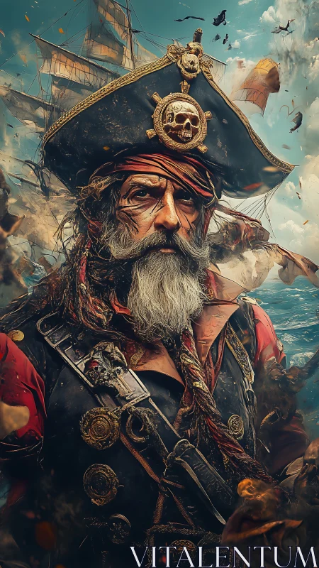 Weathered pirate captain portrait with ornate tricorne hat
